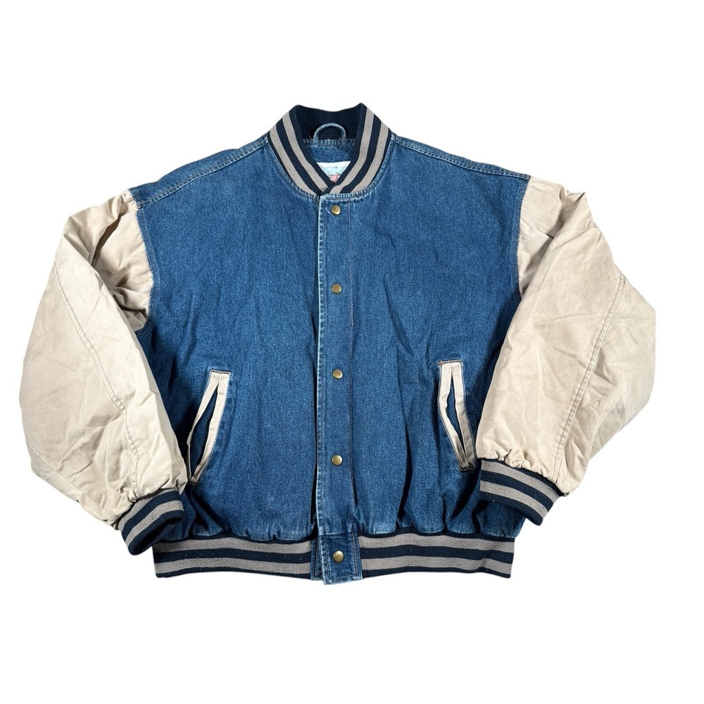 Vintage Derby Leather‎ Coat Works Denim Bomber Jacket Mens Large Blue Button Up